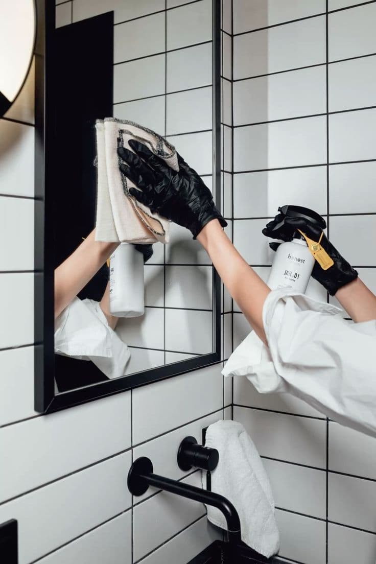 Cleaner in black gloves polishing a mirror in a black-and-white tiled bathroom — Ukrainian Elite Cleaning, Edmonton